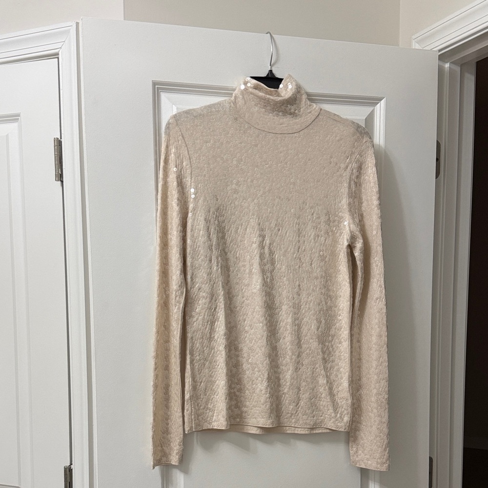 Express Cream Sequin Turtleneck Long Sleeve Top